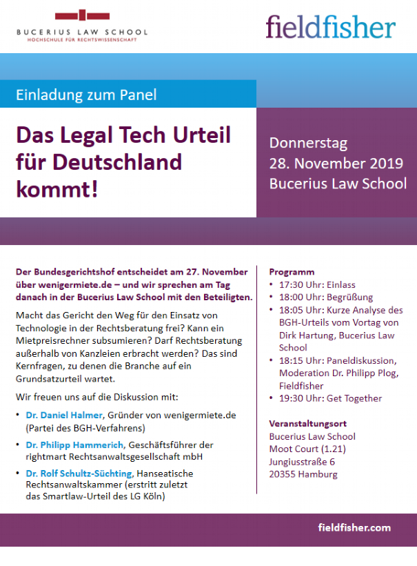 Veranstaltung – 28.11.2019 – “Legal Tech Urteil”